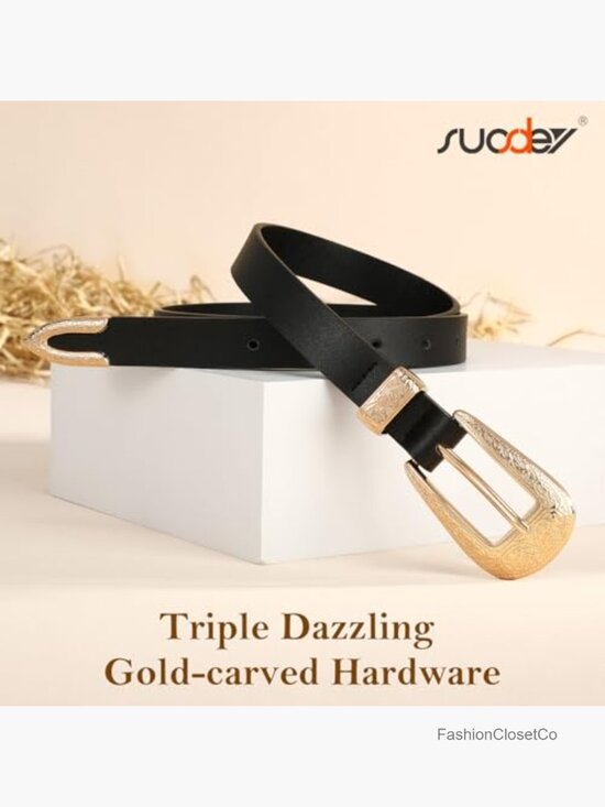 Western Skinny Leather Belt with Carved Buckle for Women 0.8\